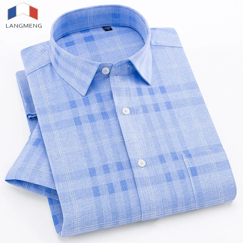 

Langmeng Summer Pinted New Mens Fashion Casual Shirts Short Sleeve Dress Shirt Geometri social mens Slim Fit striped Shirt