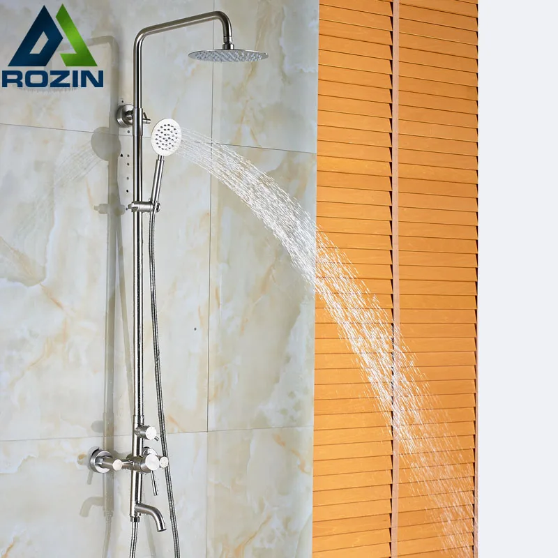 

Brushed Nickel Bath Shower Faucet Single Handle Rainfall 8" Showerhead Shower Mixers with Ultrathin Handshower