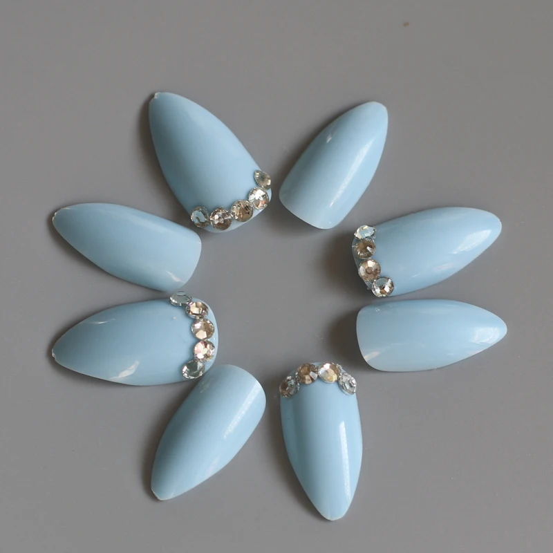 

2019 The latest fake nails full nail ballerina 24pcs designs full of crystal diamonds light blue W88