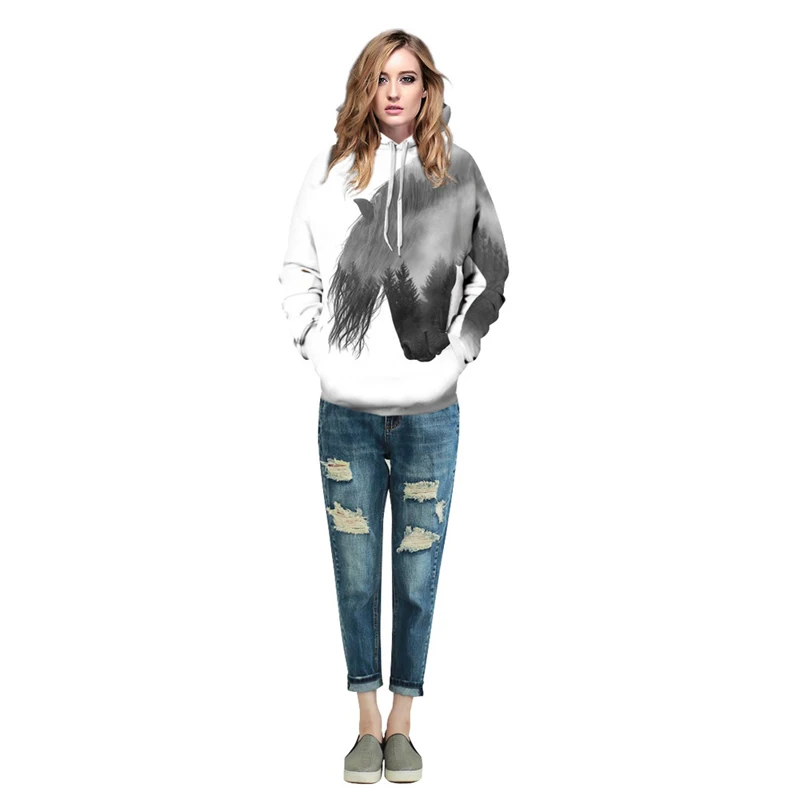 Unisex Pullover Tracksuit Mens Hoodies 3D Print Forest Tree Swift Horse Casual Tops With Cap White Hooded Sweatshirt Men/Women