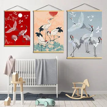 

Home Decor Nordic Poster Wall Art Canvas Picture Wooden Scroll Hanging Painting Red-crowned Crane Print Japan For Living Room