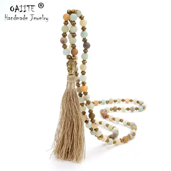 

OAIITE 6mm Natural Scrub Stone Bead Necklace for Women Handmade Copper Bead Buddha head Tassel Statement Necklace