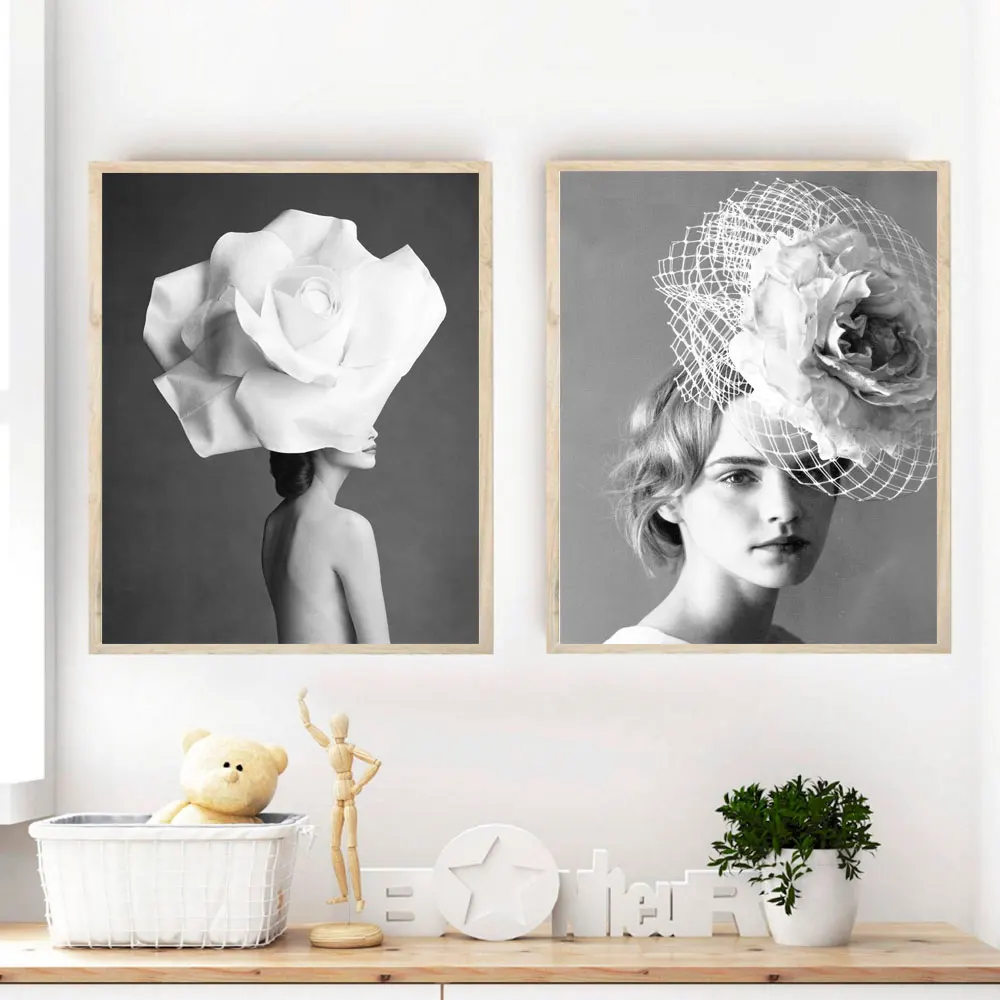 Скандинавские плакаты и принты черно-белый цветок девушка портрет стены искусства холст картины для гостиной фото домашний декор