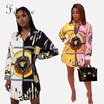 

2019 Autumn Plus Size Tops Fashion Loose Turn-down Collar Long Sleeve Print Shirt Contrast Color Sexy Irregular Hem Ladies Tops
