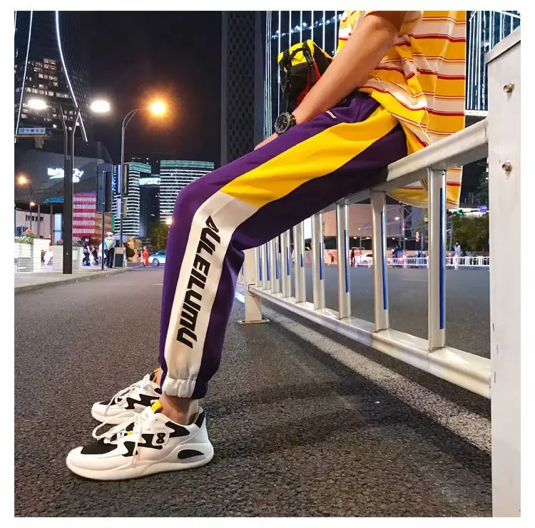 Новинка Harajuku мужские кружевные боковые полосы с принтом цветного блока лоскутные спортивные брюки мужские хип хоп уличные брюки шаровары мужские