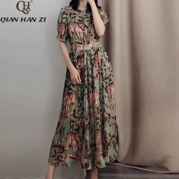 

Qian Han Zi Fashion Designer Chiffon Dress Women's Short Sleeve Leopard Leaf Print Vintage Belt Slim Vintage Pleated Midi Dress