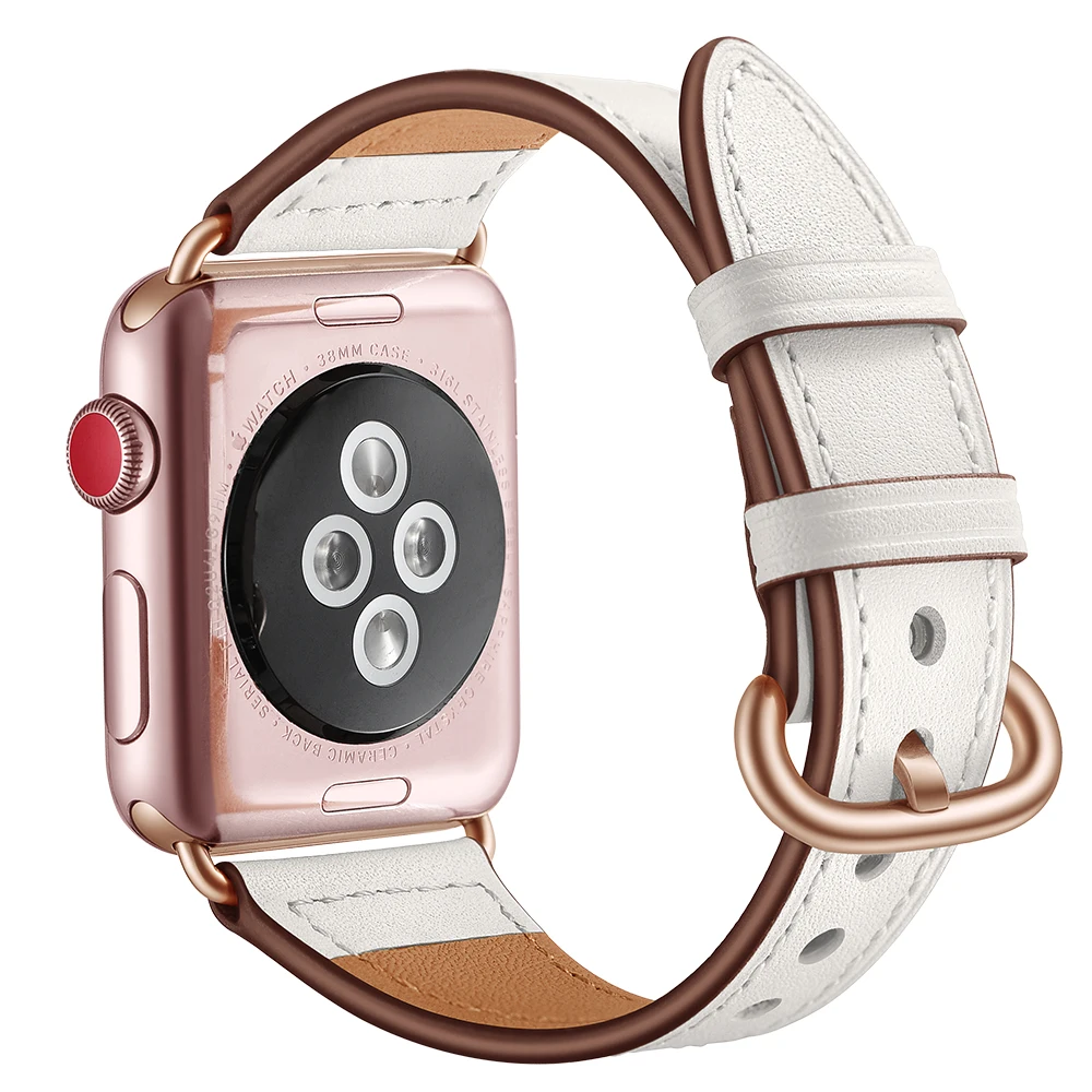 

Pink White Genuine Leather Watchband Strap For Apple Watch Women Elegant New Design Wrist Bracelet Strap 38mm 40mm 42mm 44mm