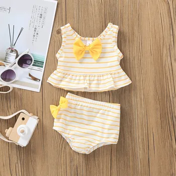 

2pc Set Swimwear Kids Baby Girl Bow Swimsuit Striped Bathing Suit Bikini