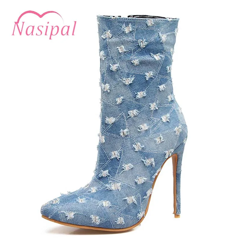

Nasipal Brand Shoes Women Mid Calf Side Zipper High Heel Leisure Pointed Toe Sexy Denim Stiletto Autumn Winter Boots for Women