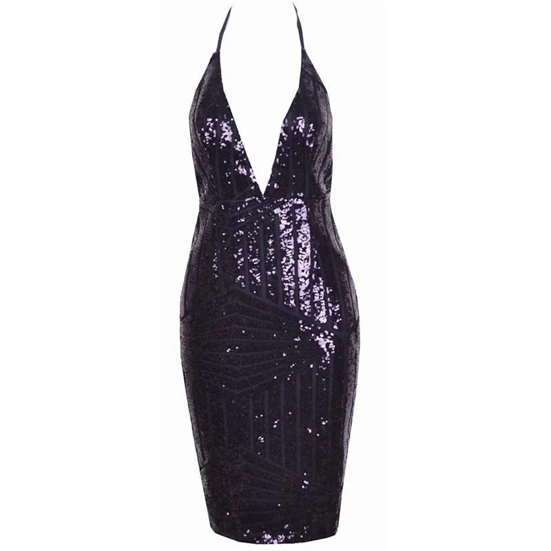 Sexy Bandage Deep V-neck Backless Sequin Dress Women Sleeveless Halter Club Party Dress Short Party Casual Mini Dresses Vestidos (1)