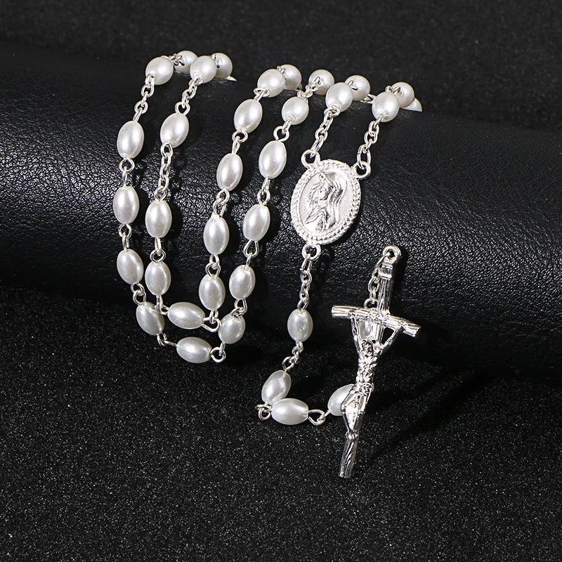 KOMi White Rosary Beads Cross Pendant Long Necklace For Women Men Catholic Christ Religious Jesus Jewelry Gift R-231