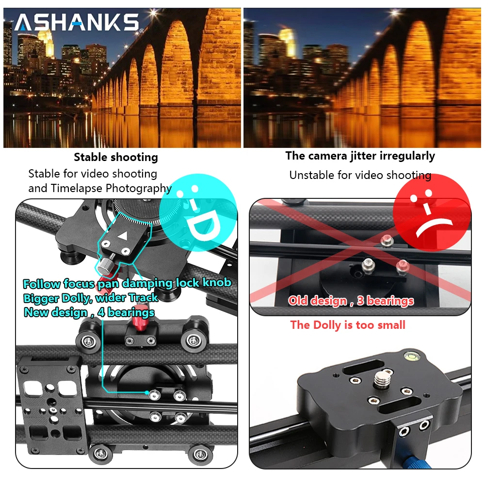 ASHANKS S2 Track Camera Slider Carbon Fiber Adjustable Angle Tube Follow Focus Pan for Stabilizer DV DSLR Camera Video Shooting
