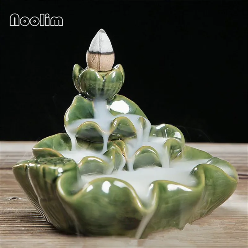 

Green And Black Small Lotus Ceramic Backflow Incense Burner Waterfall Censer Smoke Backflow Incense Holder Home Decor