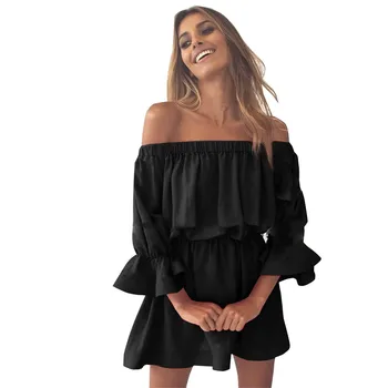 

Women Flare Sleeve Off Shoulder Holiday Dress Ladies Loose Three Quarter Sleeve Summer Solid Dress Vestidos Elegant Vestidos