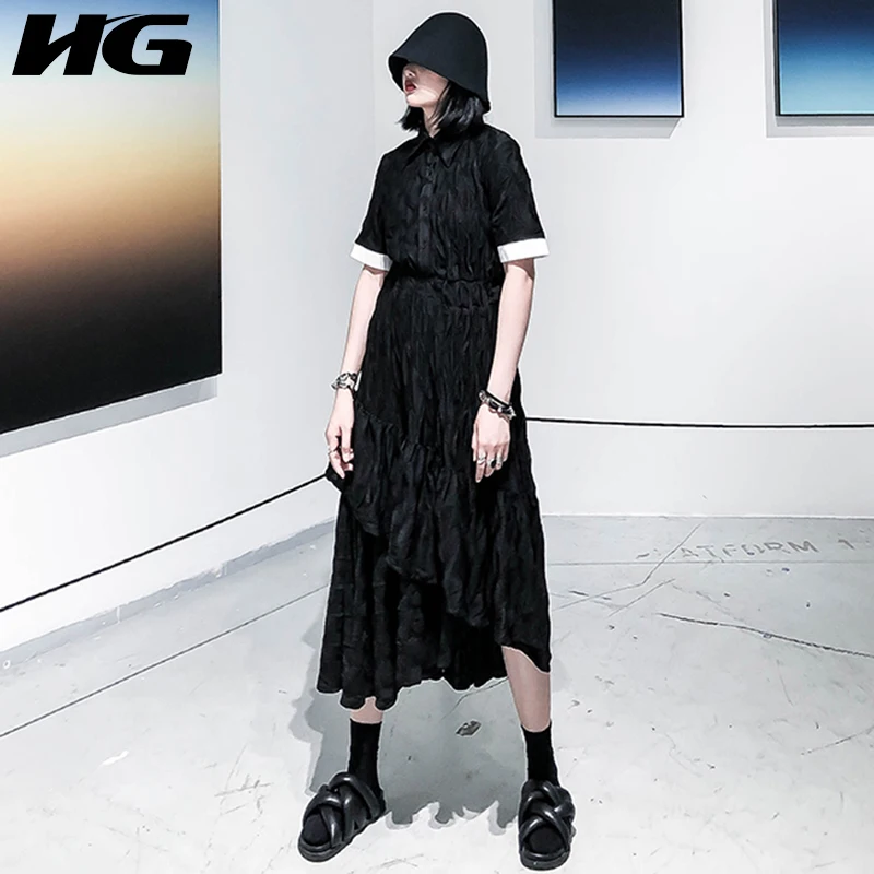 HG осень темная система нерегулярные миди платье для женщин сплошной цвет торт