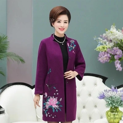 Новая мода размера плюс зимняя куртка пальто женское винтажное шерстяное пальто с цветочной вышивкой осеннее шерстяное пальто среднего возраста L939 - Цвет: purple