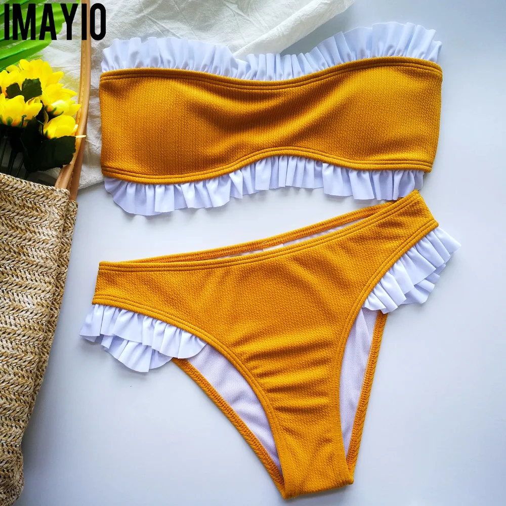 

Imayio Bordered Bikini set 2019 ribbed bandeau bikinis women Patchwork floral swimsuit striped bathing suit solid swimwear
