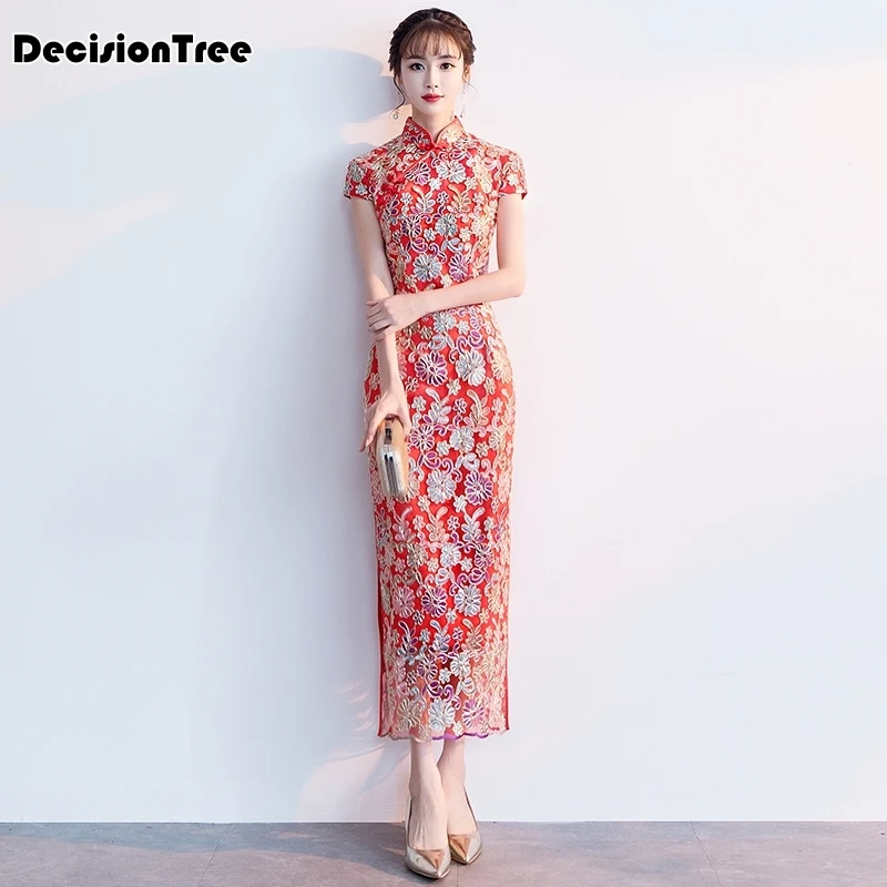 

2019 summer high quality cheongsam long lace qipao modern chinese dress mermaid evening gown traditional chinoise qi pao formal