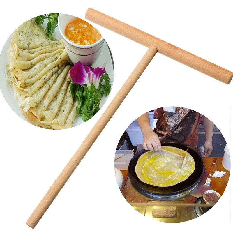 Practial T Shape Crepe Maker Pancake Batter Wooden Spreader Stick Home Kitchen Tool Kit DIY Use