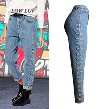 Новинка, модные рваные джинсы с заклепками и высокой талией, прямые джинсы-бойфренды, женские штаны, женские джинсы Сальса AL