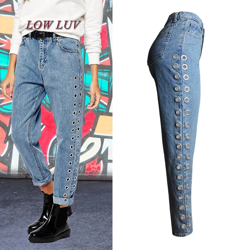 New 2017 Fashion Rivets Ripped High Waist Jeans Straight Eyelet Detail