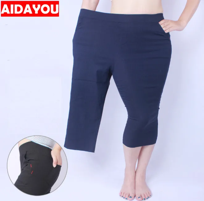 

Plus Size Cropped Pants Womens Good Super Elastic Cotton Linen Summer Trousers Big Baggy Office Casual Jeans ouc442b