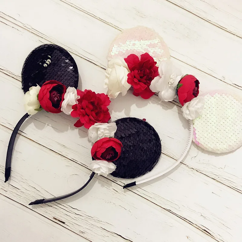 Baby Minnie Mouse Ears Hairband Artificial flower headband hair band for kis Photography Props accessories