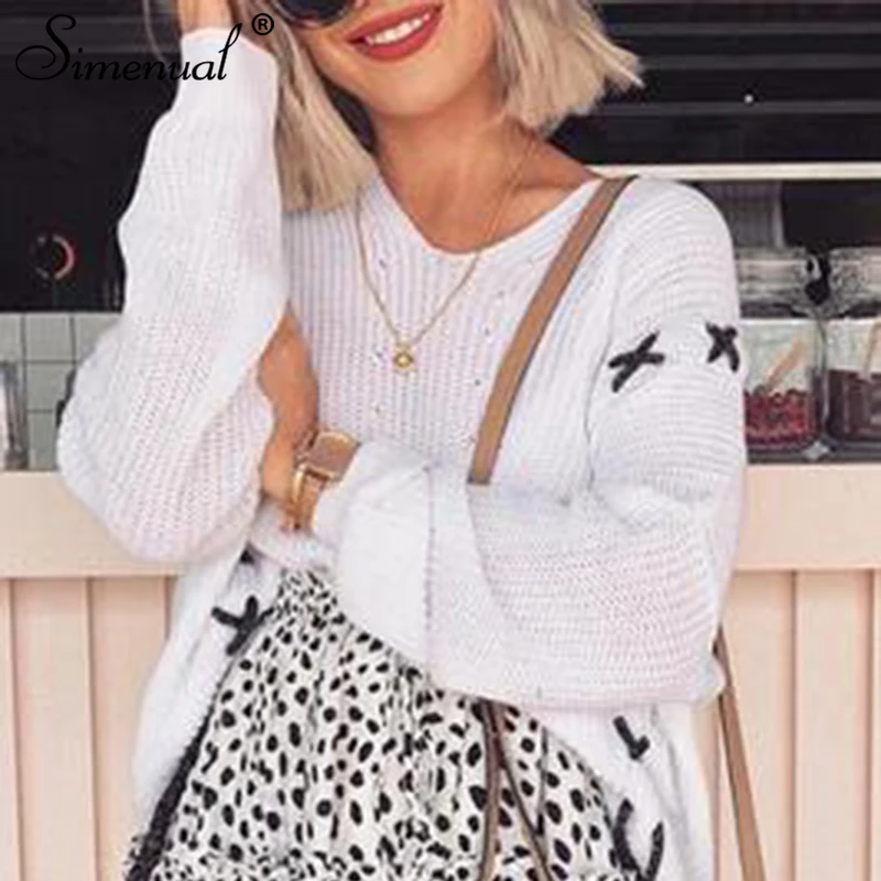 

Simenual Casual Knitted Autumn Sweaters for Women Long Sleeve Pullover Jumpers Lace Up Oversized Fashion 2019 Winter Sweater New