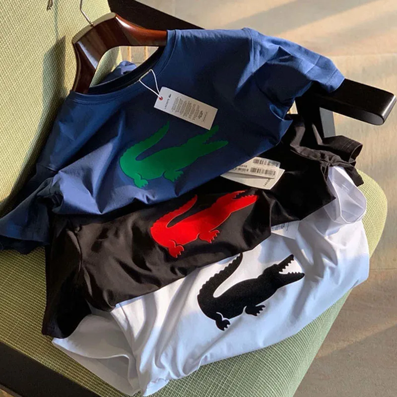 LACOSTE LEGEND Running Shirt Summer Printed Design O-neck T-Shirts White Short Sleeve Hot Homme Cotton Outdoor Clothing