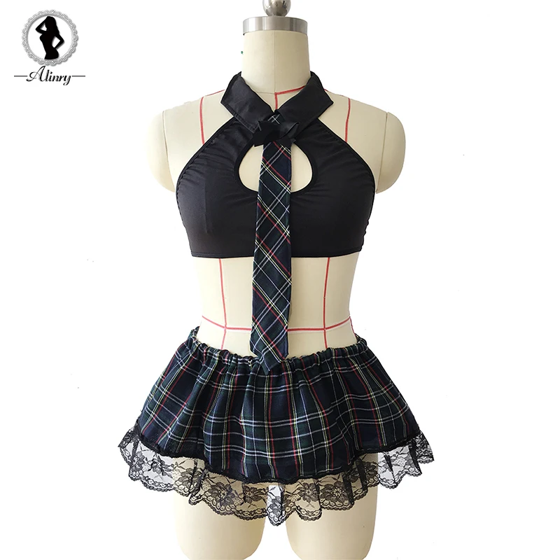 ALINRY plus size sexy lingerie women plaid student uniform erotic underwear sleepwear cosplay hollow-out halter sexy costumes