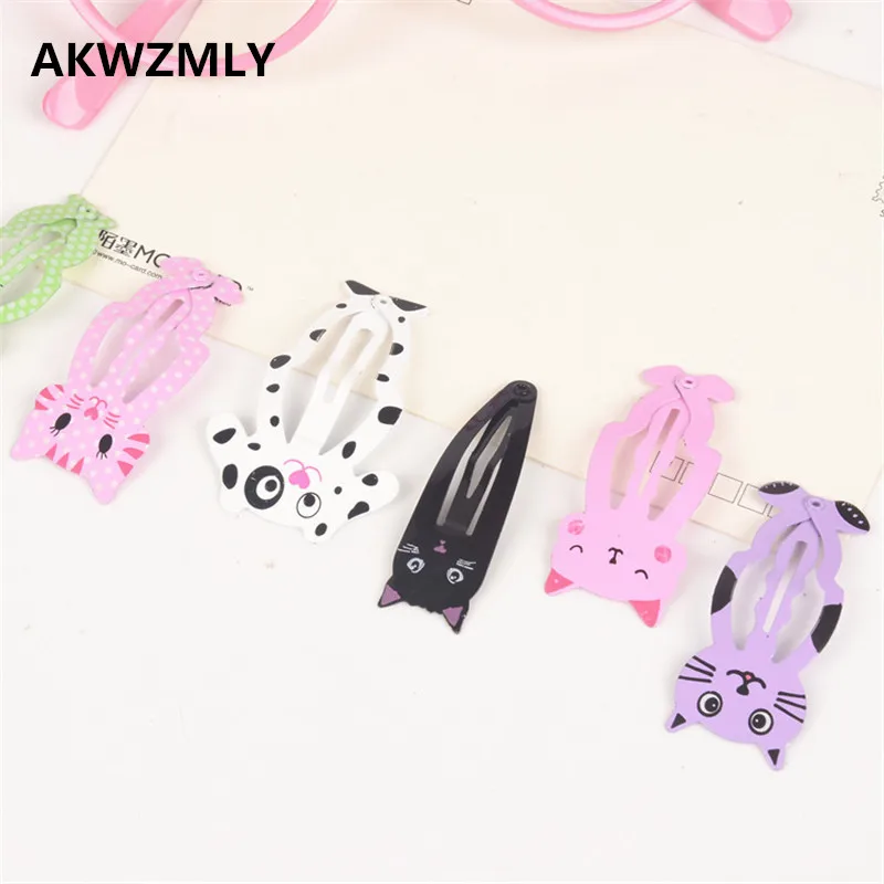 

AKWZMLY 6Pcs/set Cute Cartoon Animal Hair Clips Girls 5.5CM Hair Accessories Print Cat Rabbit Metal Snap Hairpins Kids Gift