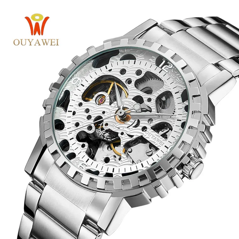 

OUYAWEI Top Mens Mechanical Watches Brand Luxury Fashion Brand Hollow Design Silver Steel Skeleton Watch Men Wrist Horloge