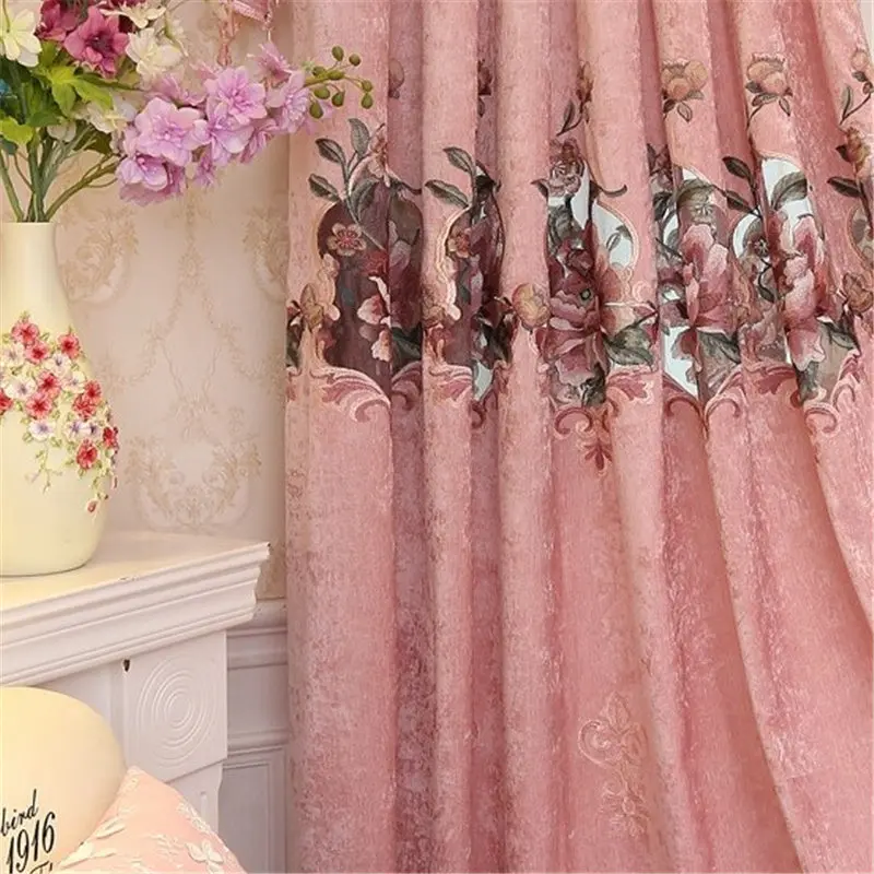 Новая европейская шенилловая вышивка, роскошные затемненные шторы для гостиной, Высококачественная вилла, розовые роскошные шторы для спальни/кухни - Цвет: Pink cloth curtain