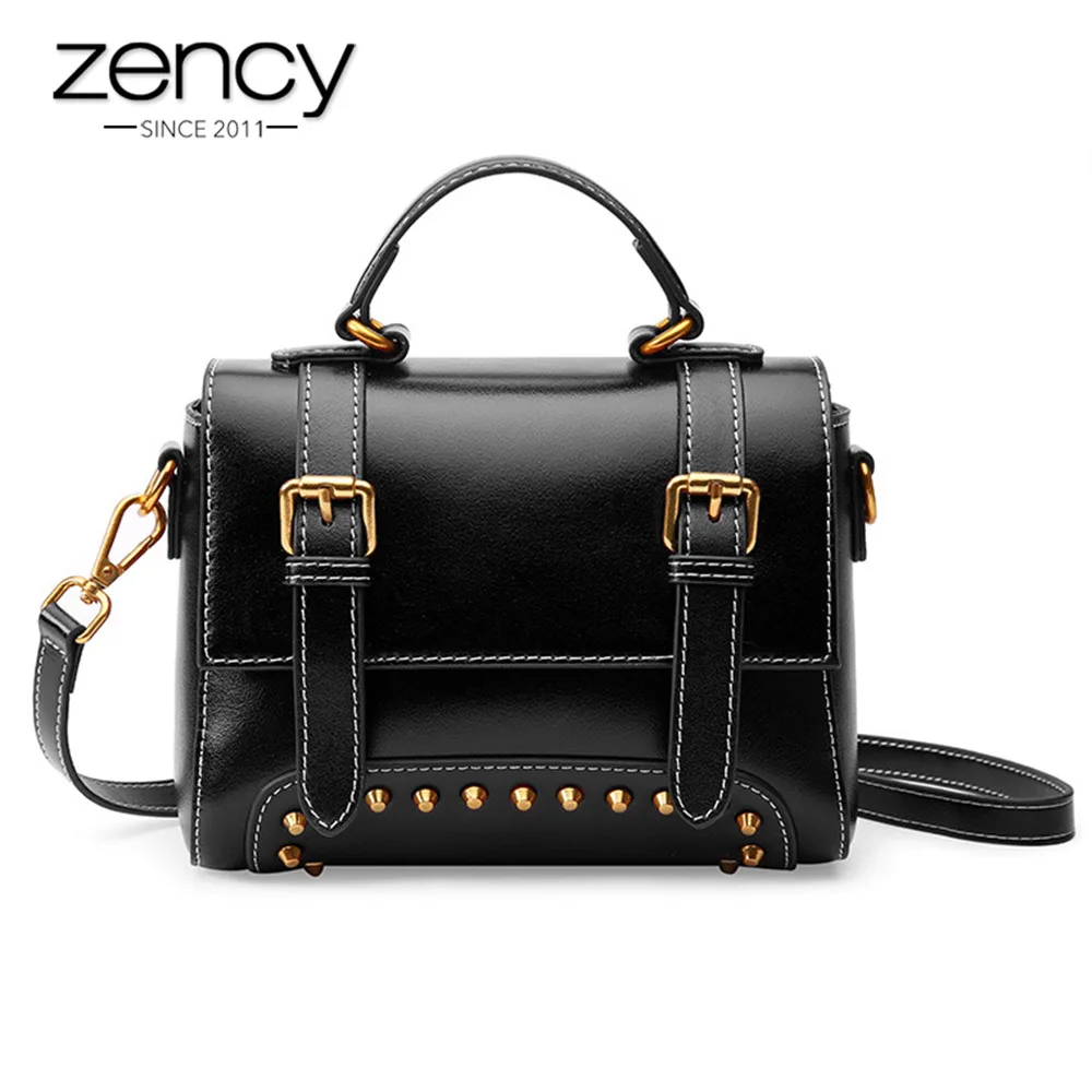 

Zency New Model Rivets Women Tote Bag 100% Genuine Leather Handbag Burgundy Fashion Lady Messenger Purse Crossbody Flap Black