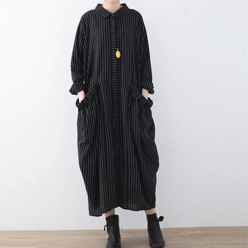 

Johnature 2019 Spring Women Turn-down Collar Dresses New Casual Large Size Striped Ruffles Pockets Irregularity Long Dresses