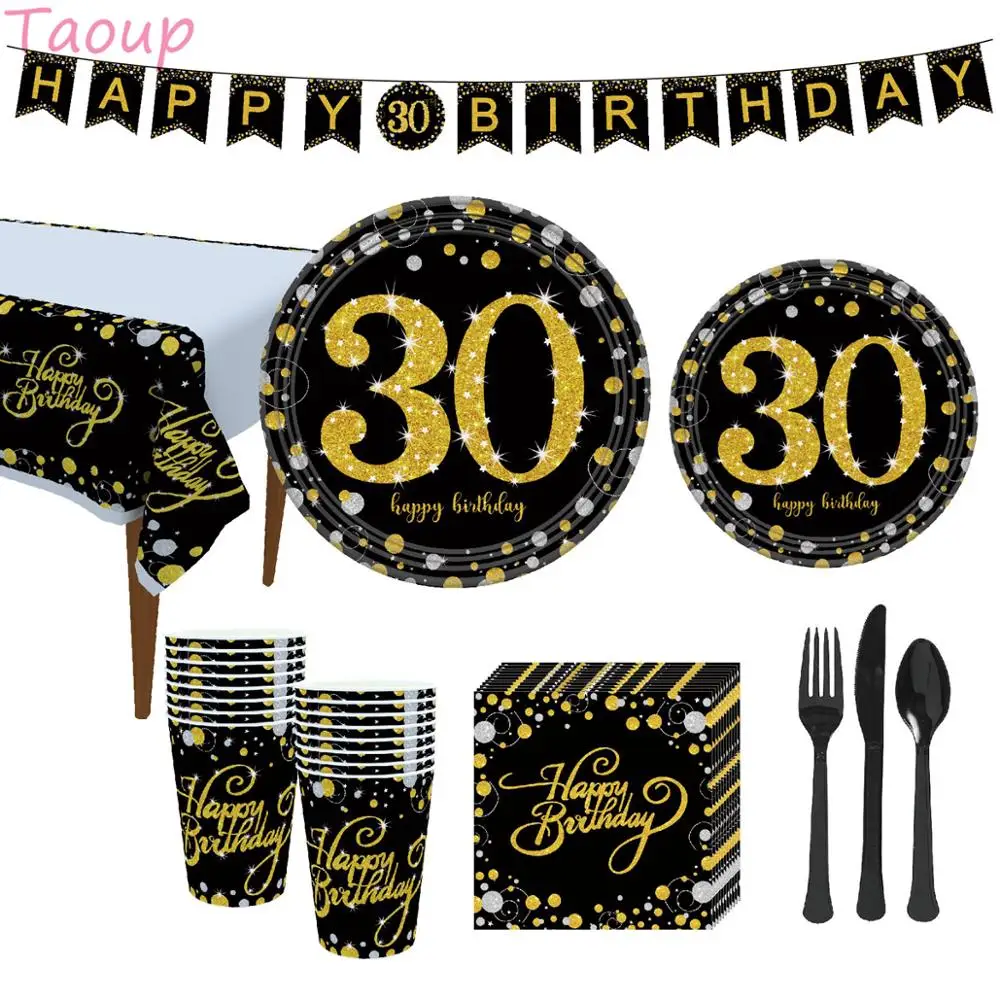 

Taoup Gold Black 30th Birthday Party Tableware Cups Plates Towels Table Cover Happy 30 Birthday Party Decors Adult Parents DIY