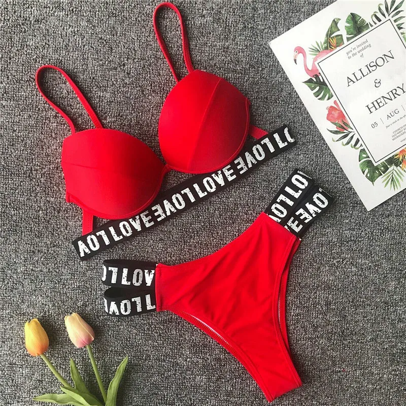 

2019 Women Sexy Padded Bra Bikini Set Thong Swimsuit Women Push Up Letter Loved Printed Sports Swimwear Bathing Suit Beachwear