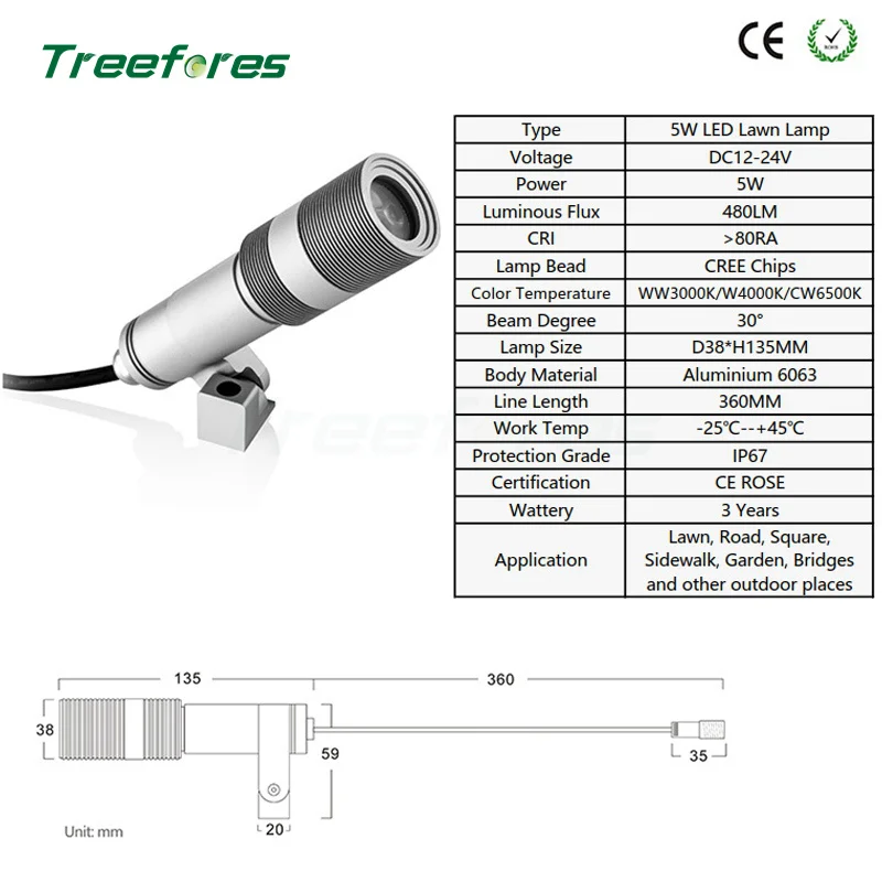 DC12 24V 5W водонепроницаемые IP67 светодиодные светильники для газона парка дорожки