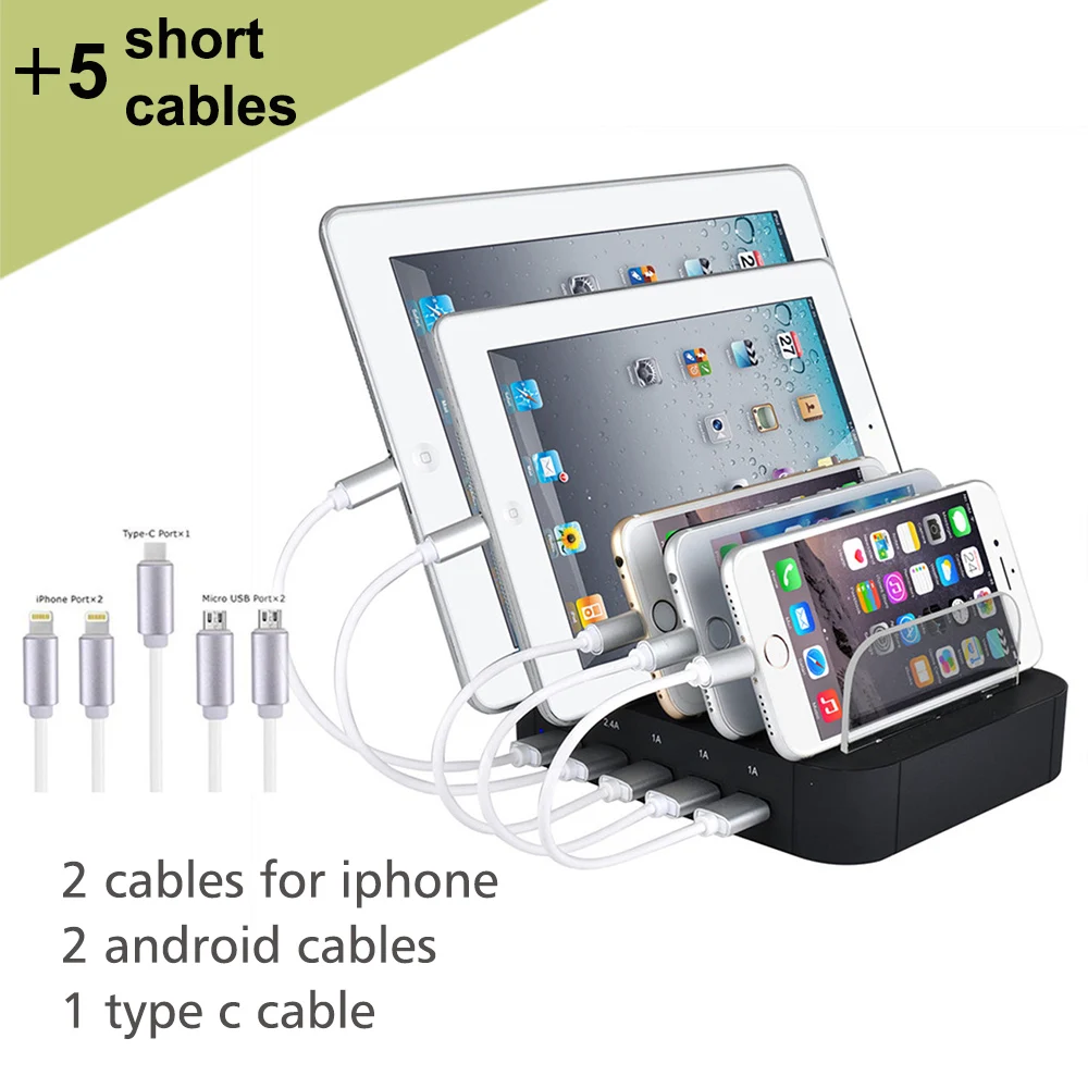 

5 port Charging station with cables USB Charger Max 7.8A Desktop Charging Station For iPad iPhone 7 6 6s Plus Samsung S8 Huawei