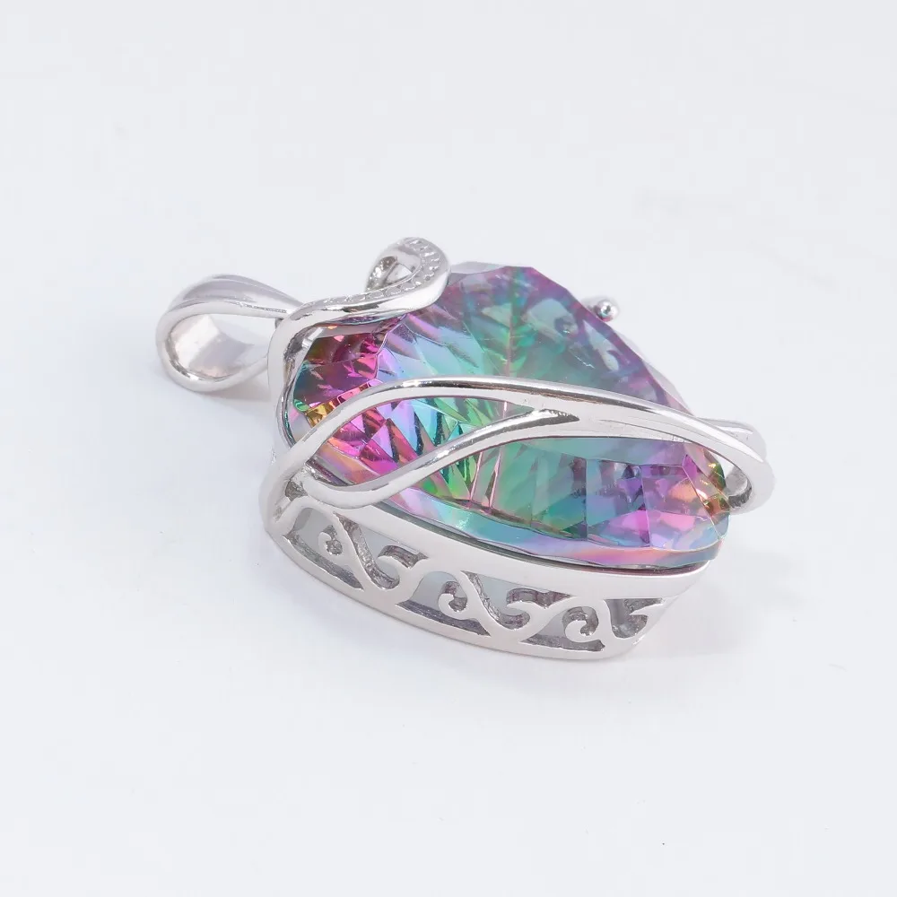 CiNily Rainbow Mystic Stone Luxury Large Heart Pendants Solid 925 Sterling Silver LOVE Dangle Charm Vintage Retro Jewelry Female