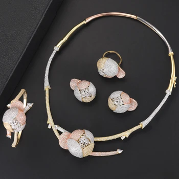 

4PCS Fashion Flower Shape Dubai Jewelry Sets For Women CZ Necklace Earrings Bracelet Ring Jewelry Sets For Bride Wedding