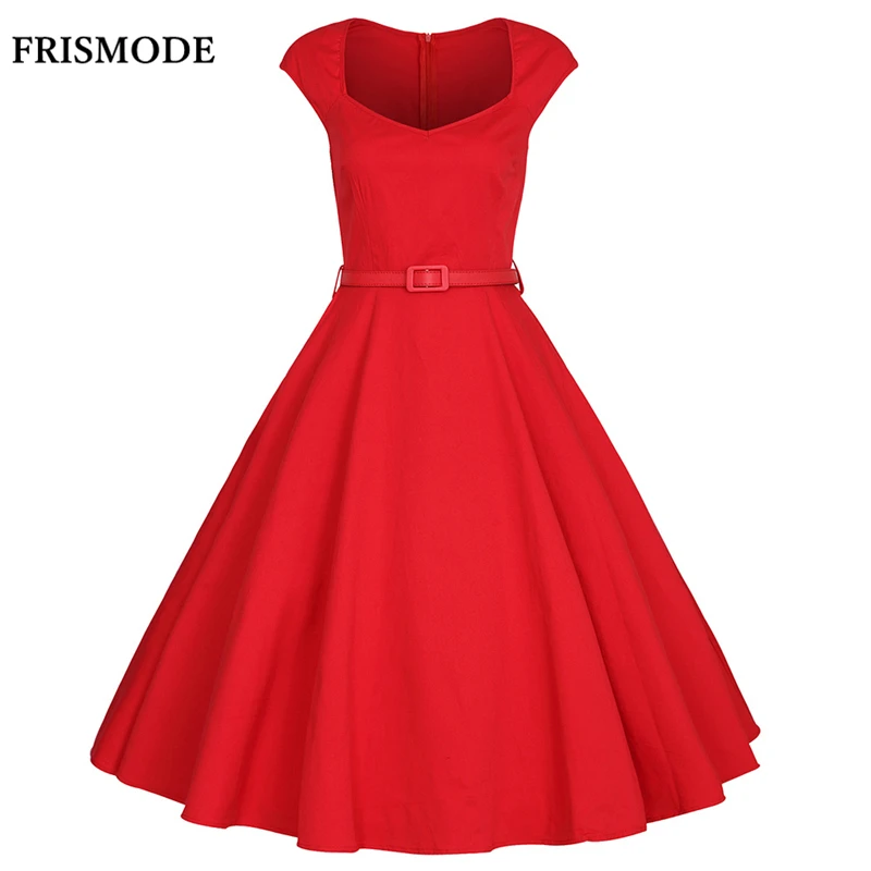 Buy Cheap FRISMODE XS-4XL 2017 Summer Fashion V-neck Midi Red Swing Dress Plus Size Vintage 1950s 60s Dresses Women Retro rockabilly Dress