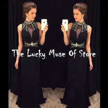 Sexy Long Black Prom Dresses 2017 vestidos de baile Chiffon Kristall Perlen Formale Partei-abendkleider Kleid Für Frauen