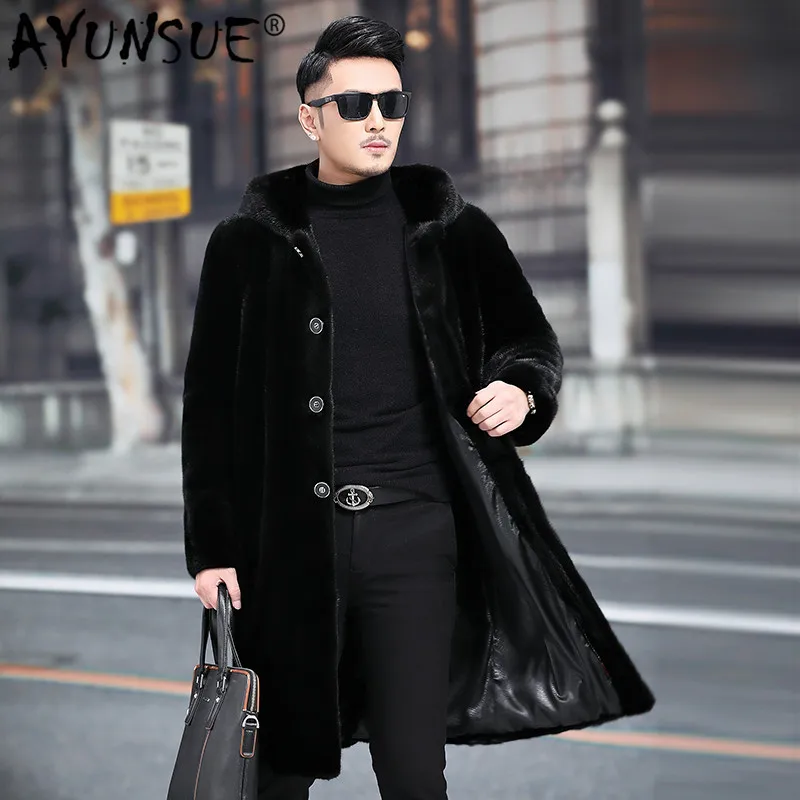 

AYUNSUE Real Natural Mink Fur Jacket Men Hooded Winter Jacket Long Real Fur Coat Men Overcoat Mens Mink Jackets 4189 KJ2724