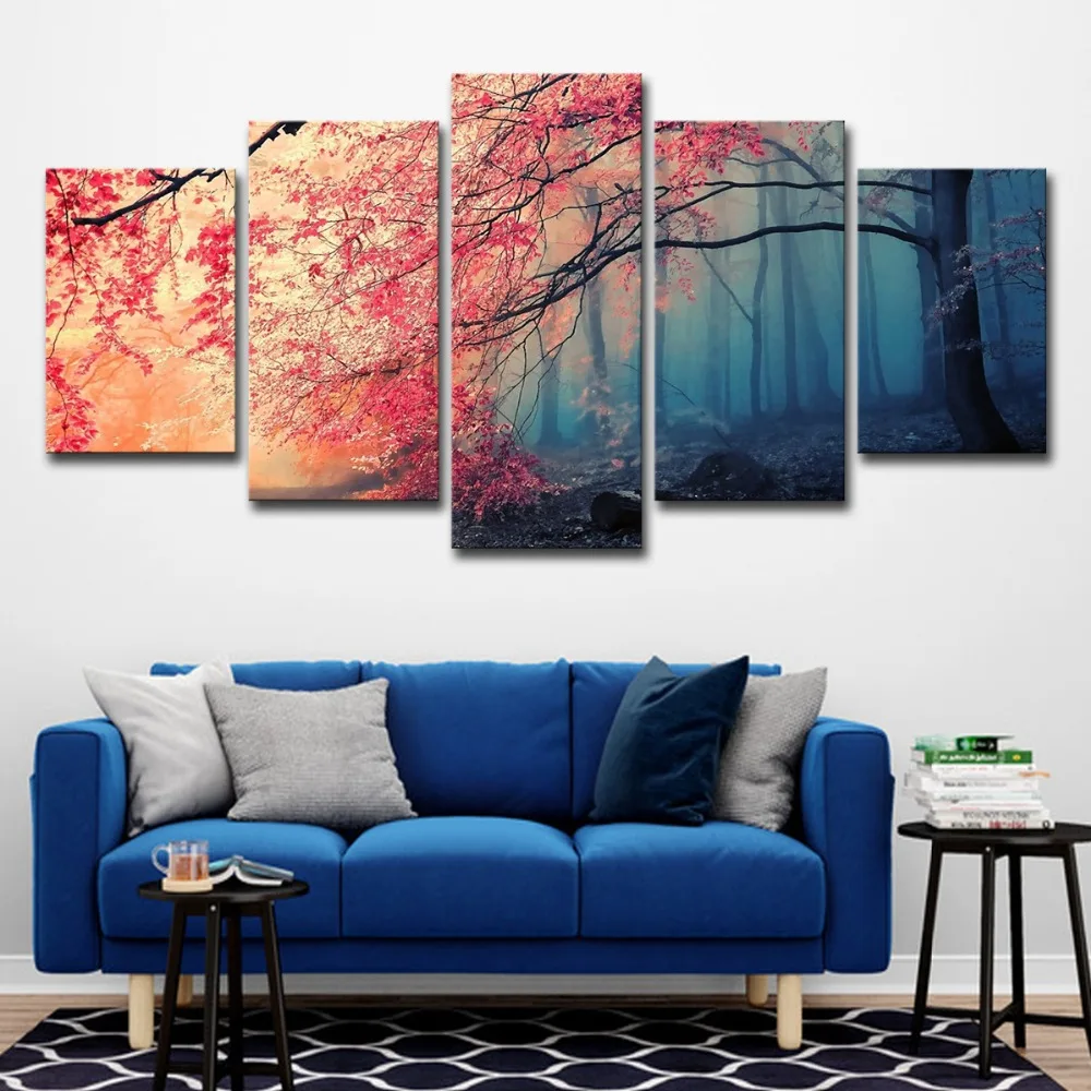 5P0037 Canvas HD Prints Posters Home Decor Wall Art Red Trees Forest Pictures 5 Pieces Cherry Blossoms Paintings Living Room Framework  (5)