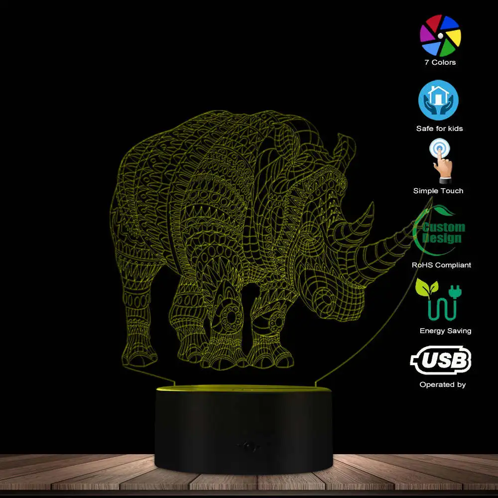 

Rhinocero 3D Multicolor LED Animal Design Optical Illusion Lamp Colorful Discoloration Novelty Decorative LED Visual Night Light