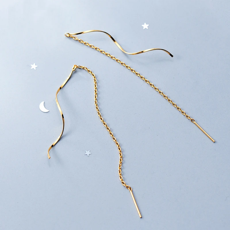 

MloveAcc Real 925 Sterling Silver Wave Shape Chain Earrings Trendy Jewelry Long Tassel Earrings for Women Anniversary Gift