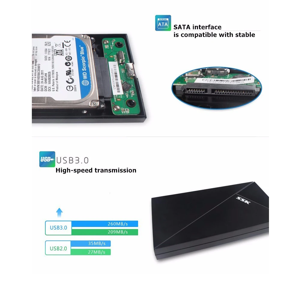 ССК SHE088 2,5 дюйма Sata к USB3.0 внешний жесткий диск Hdd корпус Hdd чехол для полупроводниковые диски SSD коробка