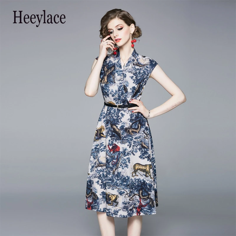 2019 Summer Runway Women Sleeveless V-neck Luxury Vintage Animal Printing High Waist Sashes Fashion Designer Party Midi Dress | Женская
