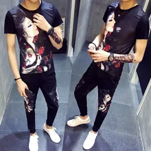 Полиэстеровый материал, летний мужской комплект с короткими рукавами, корейский Тонкий комплект из двух предметов для занятий спортом и отдыха